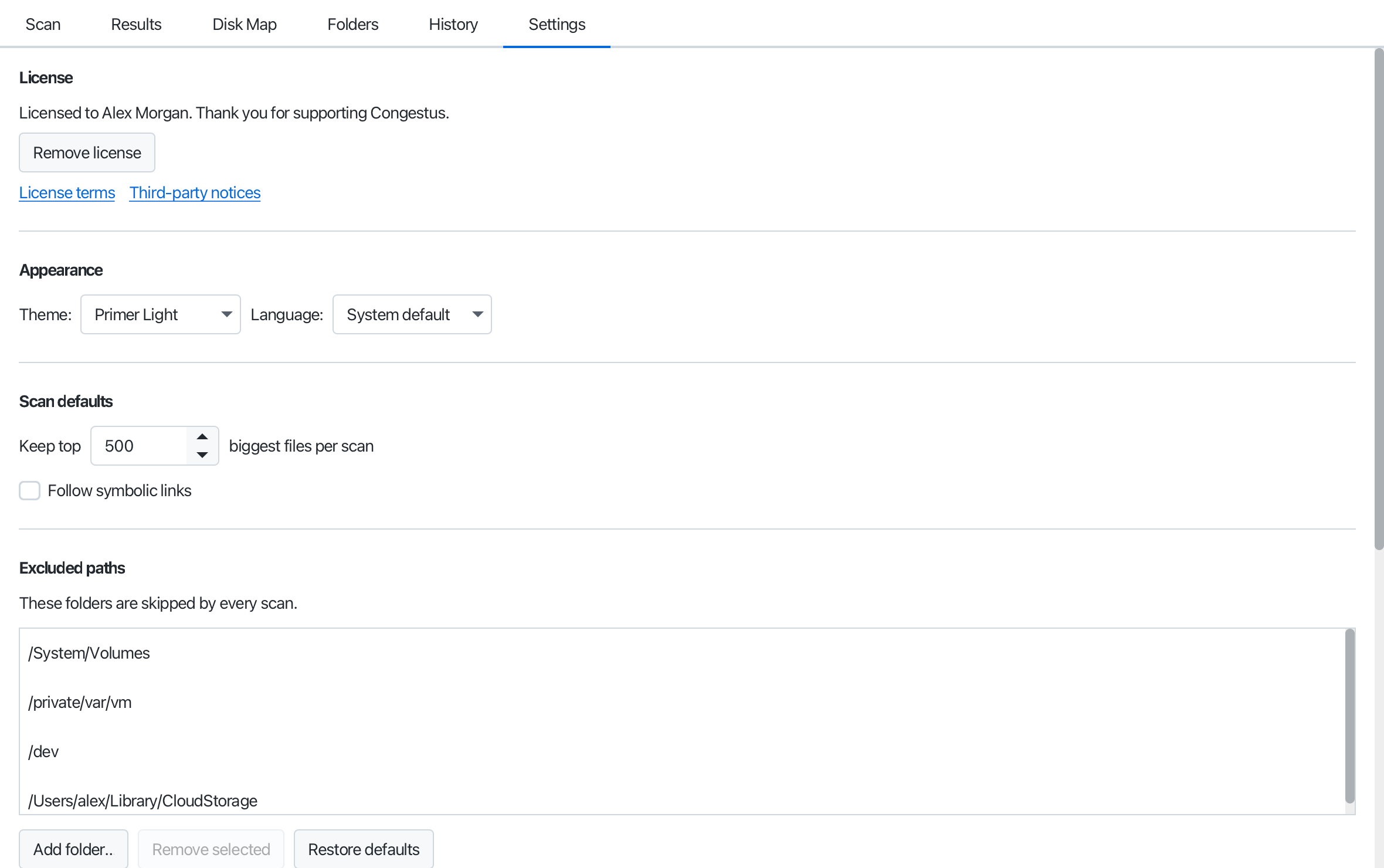 Your license, theme, language and scan defaults. All offline.